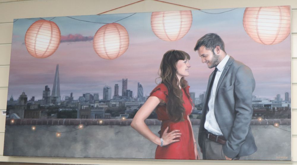 Joe Simpson, oil on canvas, Lanterns over London 2013, signed, 60 x 120cm, unframed